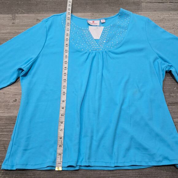 Quacker Factory Blue V Neck Rhinestone Accent 3/4 Sleeve Knit Shirt - Picture 5 of 11